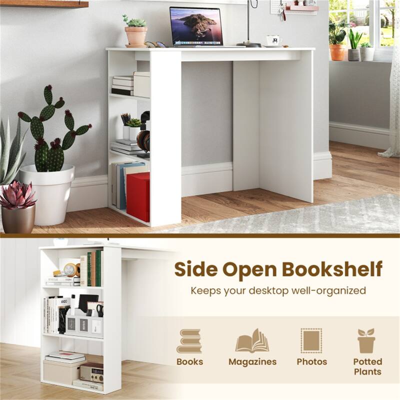 White Engineered Wood Computer Desk with Side Bookshelf Modern Minimalist