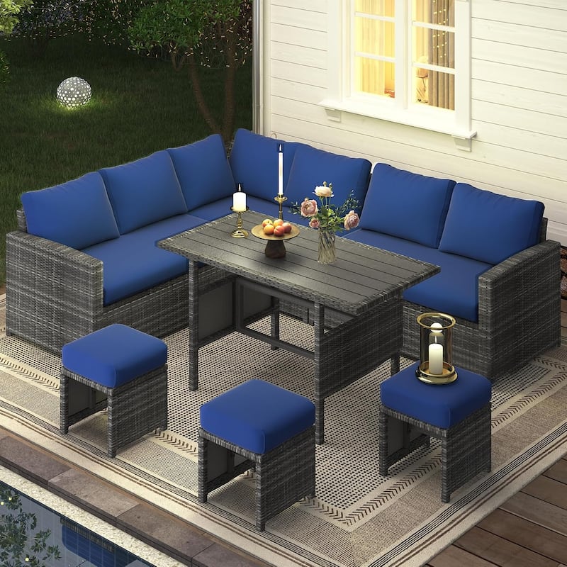 AECOJOY 7-Piece Outdoor Patio Wicker Sectional Sofa with Dining Table