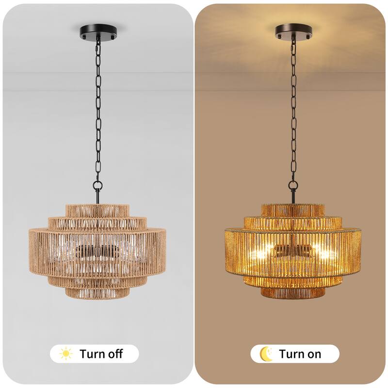 4/6-Light Boho 5-Tier Hand Woven Rattan Drum Chandelier