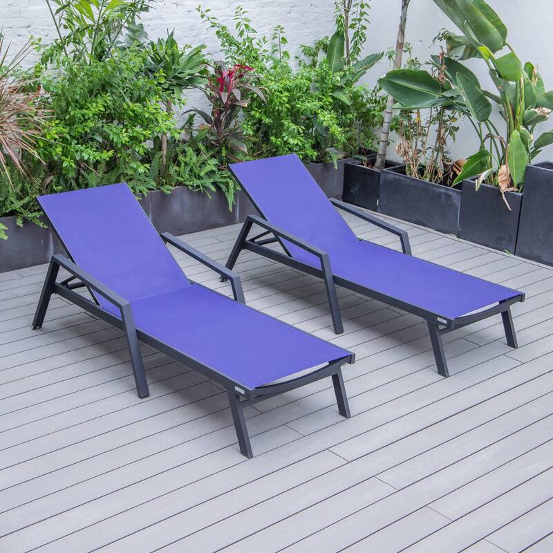 Aluminum Beach Pool Sun Lounge Chair Sling Mesh Fabric With Arms, Stackable Chaise Lounger (Set of 2) for Outdoor Backyard - Navy Blue