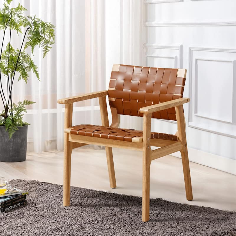 Woven Leather Dining Chairs with Solid Wood Frame - 29.7"H x 21.7"W x 22.8"D