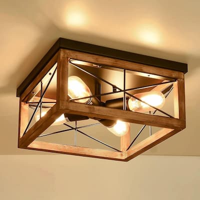 Rustic Farmhouse Flush Mount Ceiling Light with Real Wood Frame and Ceramic Sockets