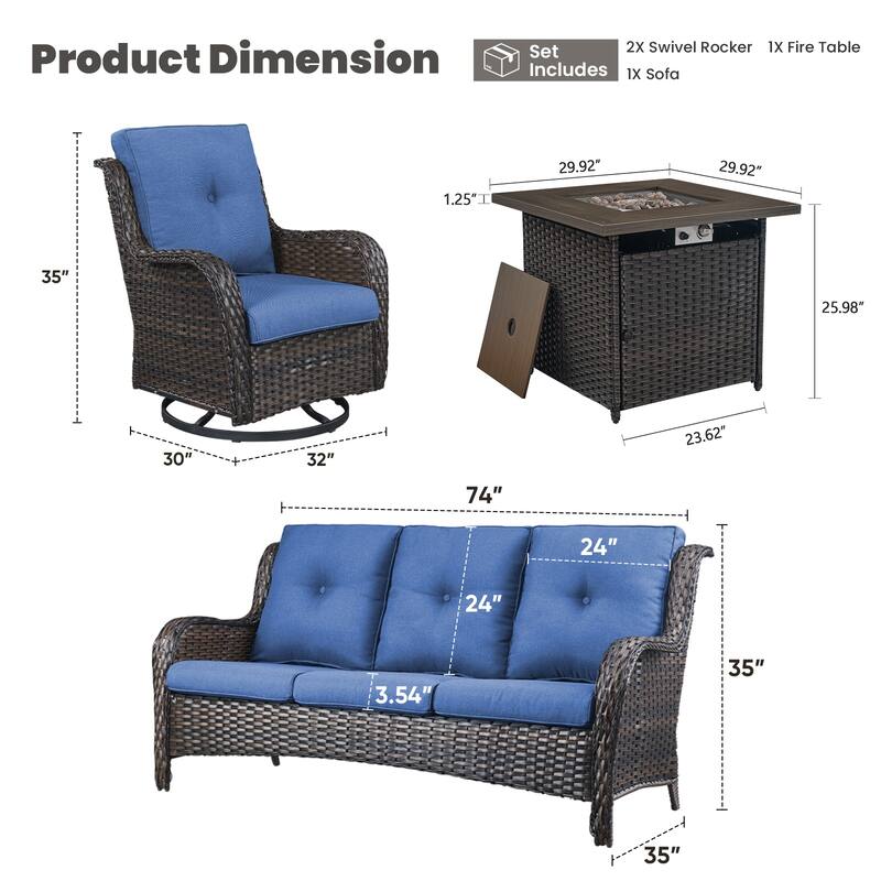 Gymojoy 4-Piece Outdoor Wicker Patio Furniture with Fire Pit Table, Rattan Coversation Set with Water Resistant Thick Cushions