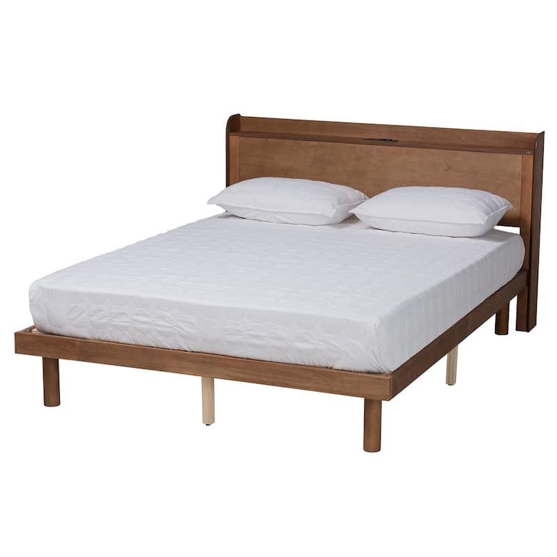 Mid-Century Modern Platform Bed - Walnut Brown Wood Bed Frame with Charging Station