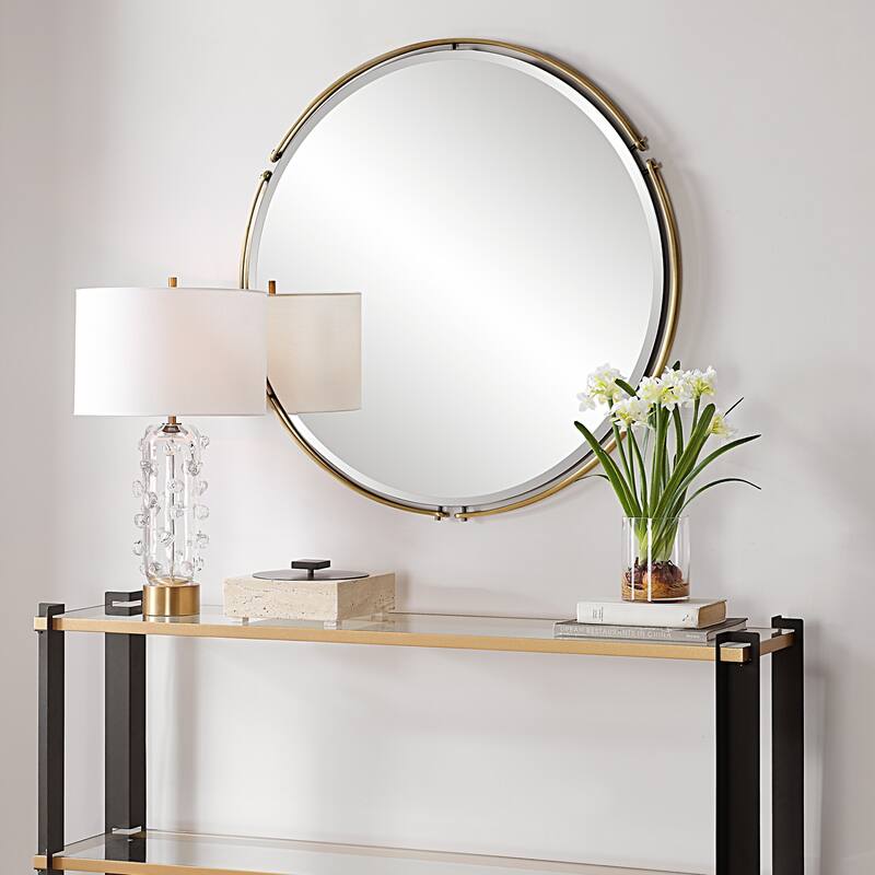 Round Double Outer Band Framed Iron Wall Mirror - 38.25" - Antique Brass