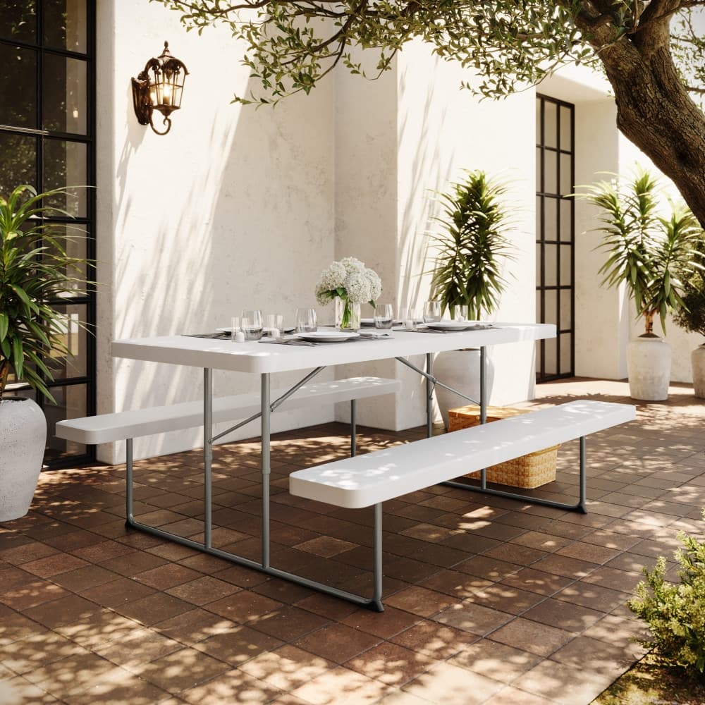 6 FT Folding Picnic Table - Steel Frame and HDPE Top and Benches - 59.5"W x 72"D x 29.25"H