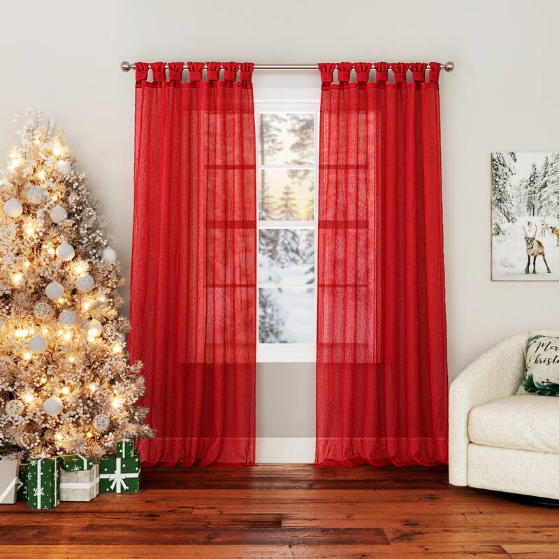 No. 918 Krista Holiday Twist Tab Sheer Tab Top 1-Piece Curtain Panel, Single Panel - 51" x 63" - Holiday Red