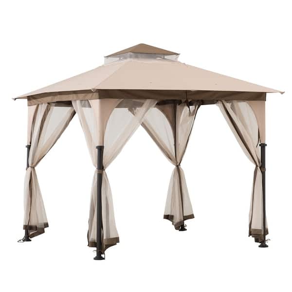 Sunjoy Oasis 12 Ft X 12 Ft Cedar Framed Octagon Gazebo With Black Steel 2 Tier Hardtop A102007901 The Home Depot