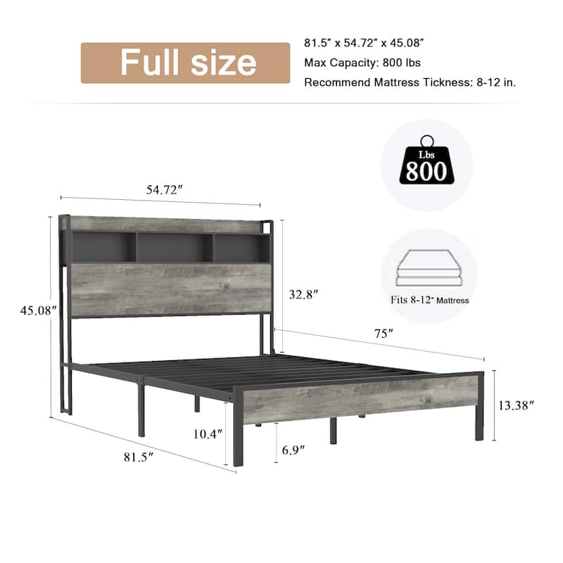 Wood Platform Bed with Storage and 2 USB,No Noise