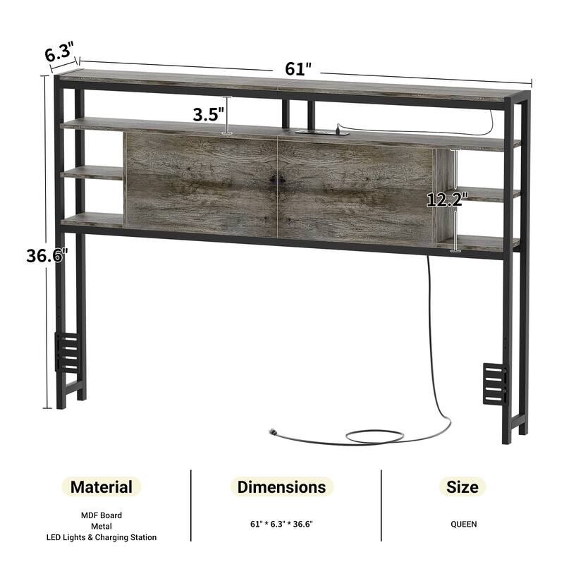 Headboards with Storage Shelves, Head Board with Power Outlet and LED Light for Bed Frame