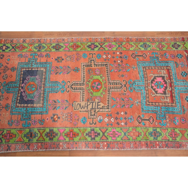 Hand Knotted Oriental 100% Wool Carpet Traditional Geometric Oranges & Rust Heriz Runner Rug - 8' 8'' X 3' 0''