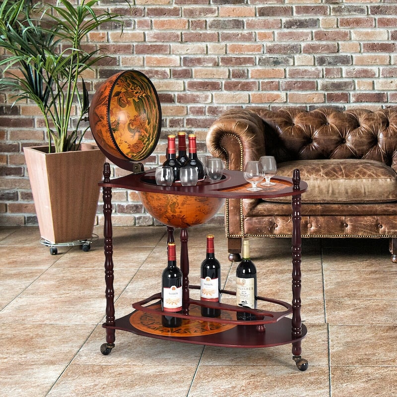 Costway Wood Globe Wine Bar Stand 34'' H 16th Century Italian Rack - 27.5"X18.0"X34.5"