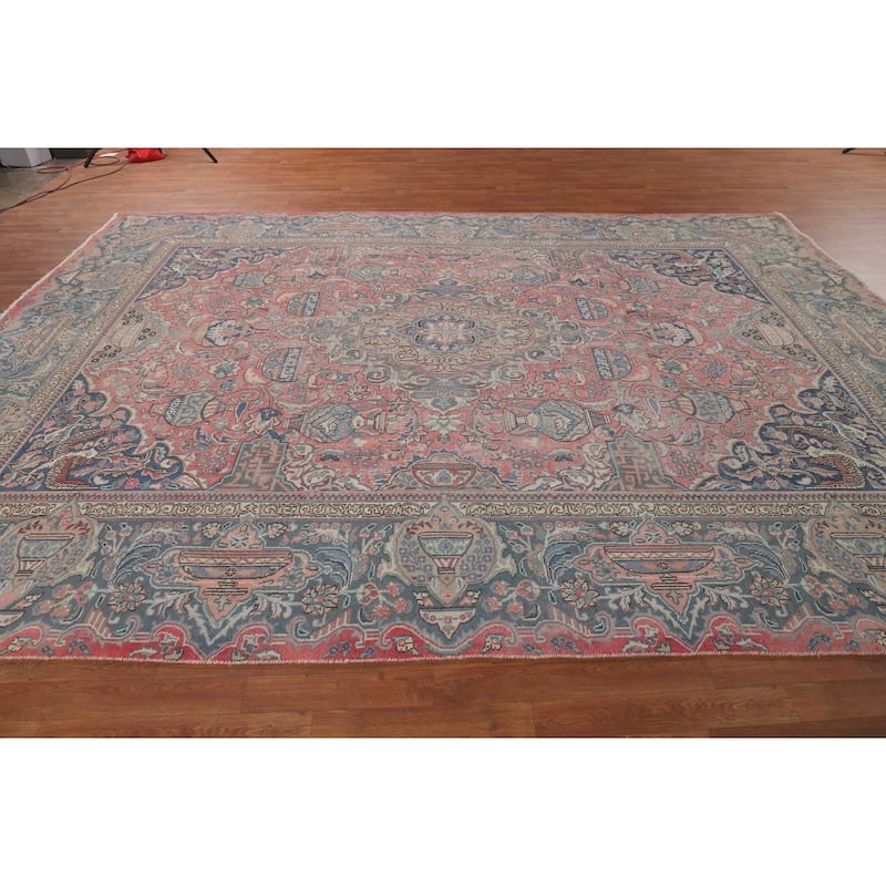 Animals Pink Kashmar Persian Vintage Area Rug Hand-Knotted Wool Carpet - 9'5"x 12'9"