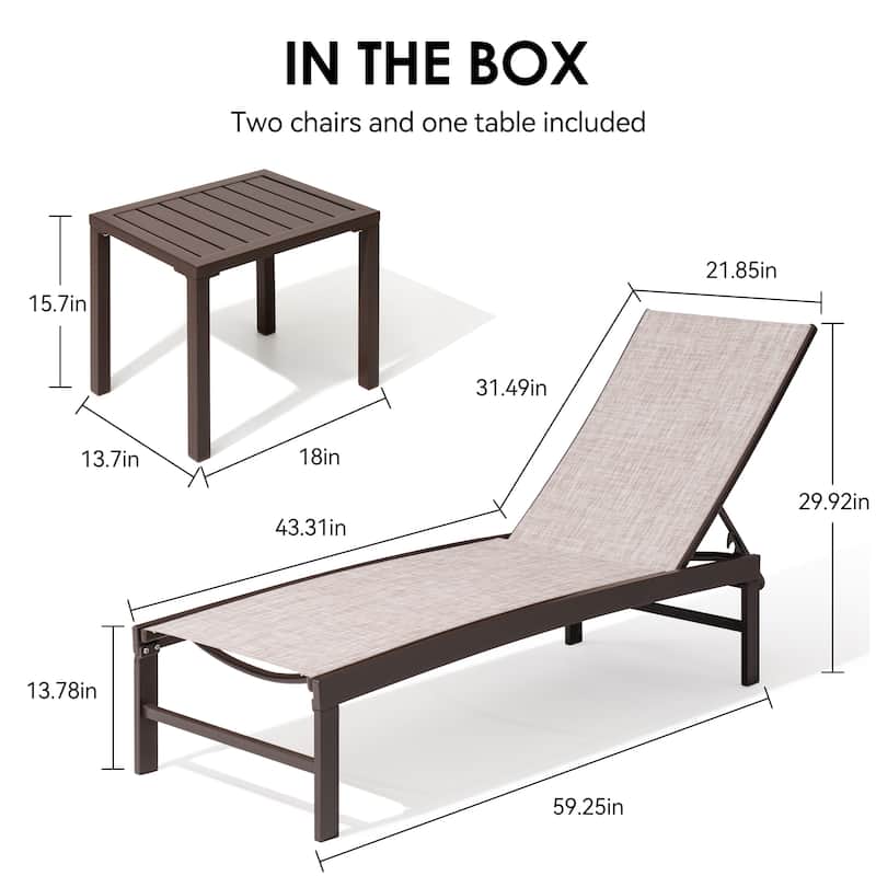 3-Piece Outdoor Loungers Patio Chaise Lounge Chairs Set with Side Table