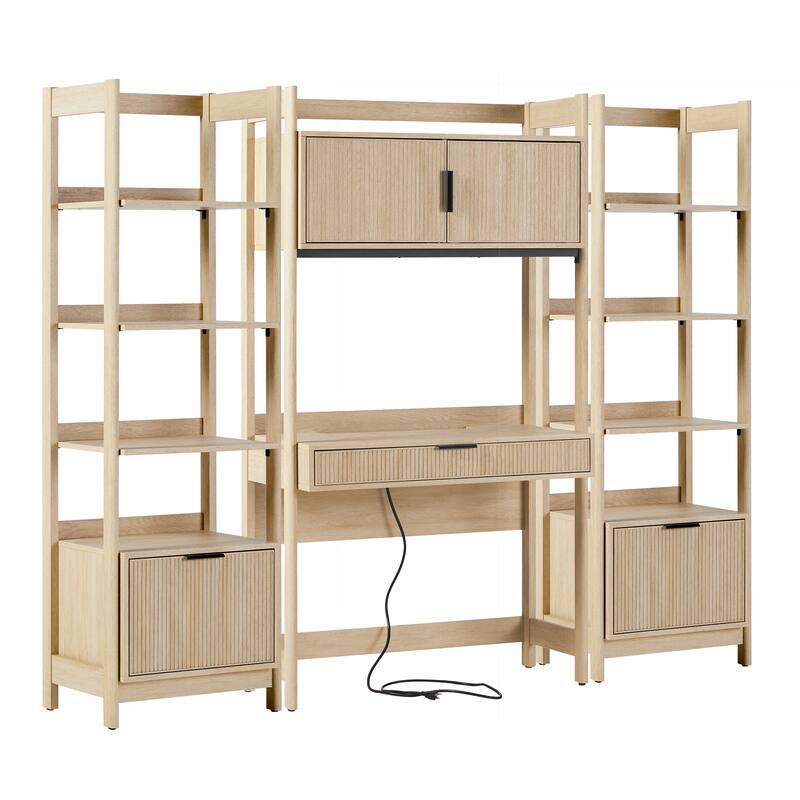 Walker Edison Hutch Desk with 2 Narrow Bookcases