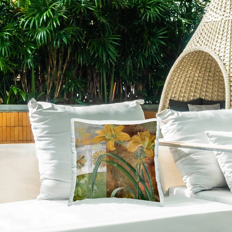 Stupell Yellow Lilies on Vintage Tile Printed Outdoor Throw Pillow Design by Sasha