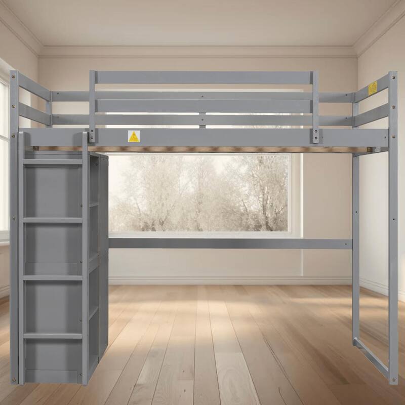 Full Size Loft Platform Bed Frame with Wardrobe, LED Light, and Storage Shelves for Space-Saving Solutions, Bedroom Furniture - Grey - Full