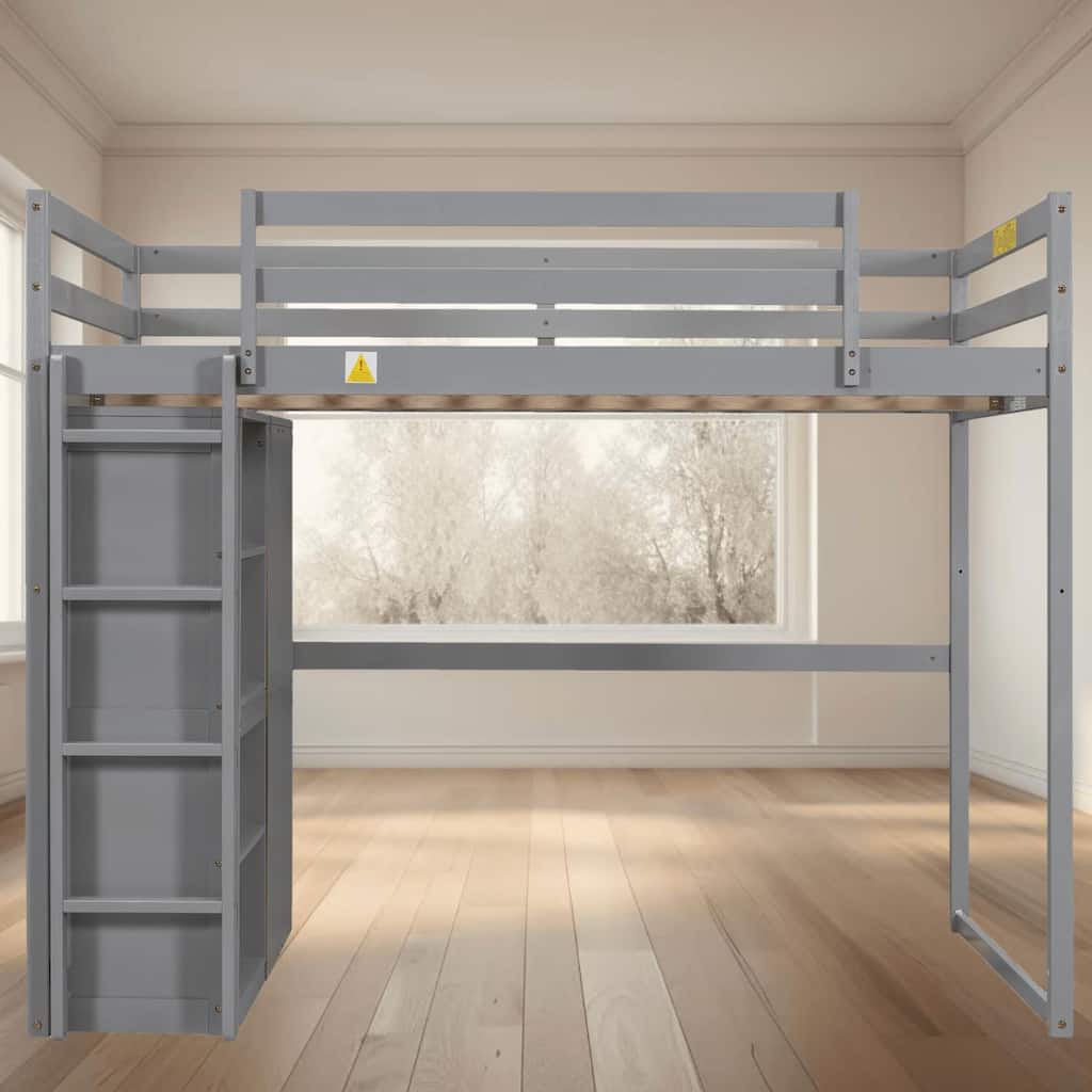 Full Size Loft Platform Bed Frame with Wardrobe, LED Light, and Storage Shelves for Space-Saving Solutions, Bedroom Furniture