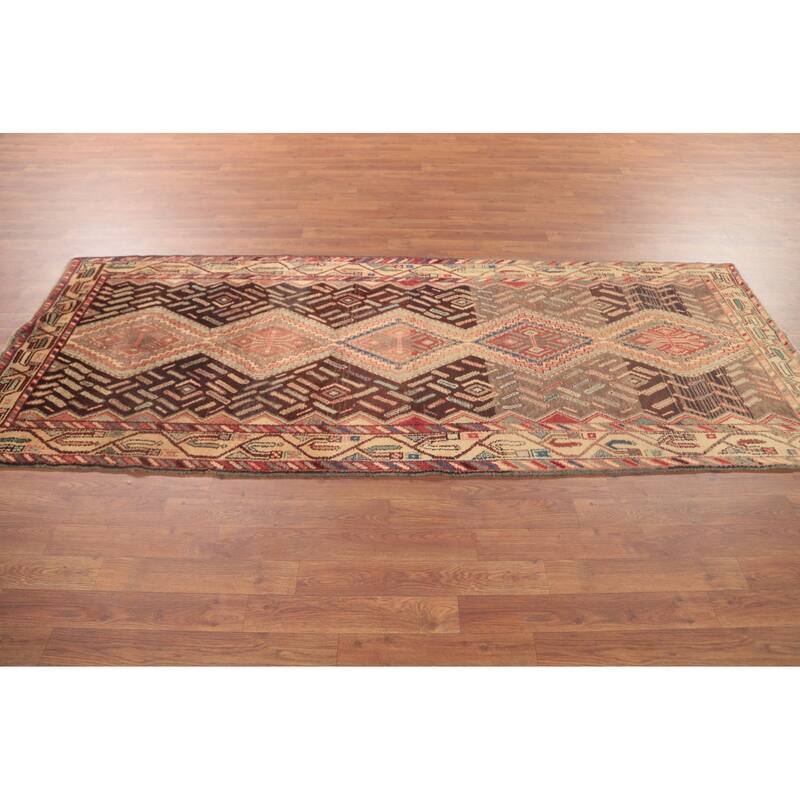 Hamedan Persian Vintage Runner Rug Handmade Brown Wool Carpet - 3'5"x 8'4"
