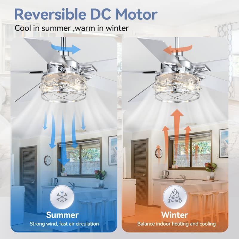 52" Reversible 5-Blade Farmhouse Glam Floral Glass Caged Ceiling Fan with Light and Remote