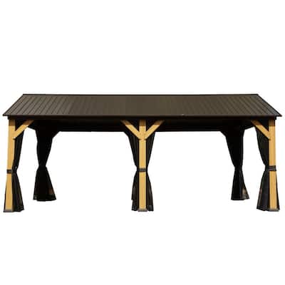 Domi 12' X 20' Hardtop Gazebo with Galvanized Steel Gable Roof and Wood Grain Aluminum Frame，Outdoor Permanent Gazebo