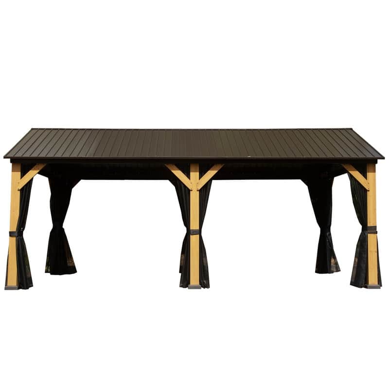 Domi 12' X 20' Hardtop Gazebo with Galvanized Steel Gable Roof and Wood Grain Aluminum Frame，Outdoor Permanent Gazebo