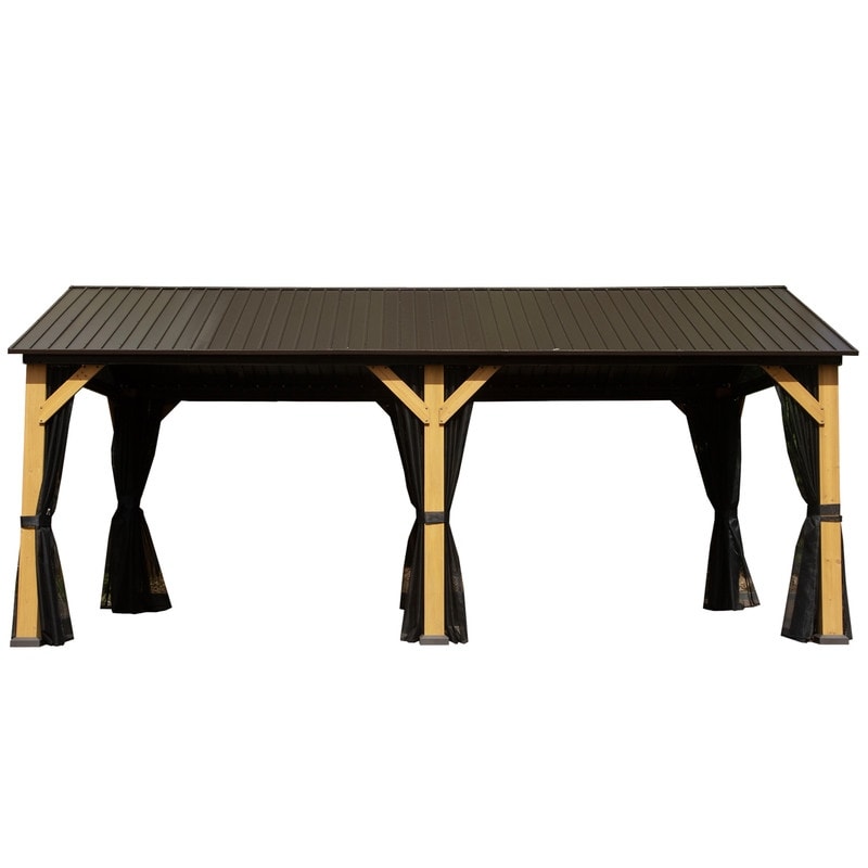 Domi 12' X 20' Hardtop Gazebo with Galvanized Steel Gable Roof and Wood Grain Aluminum Frame，Outdoor Permanent Gazebo
