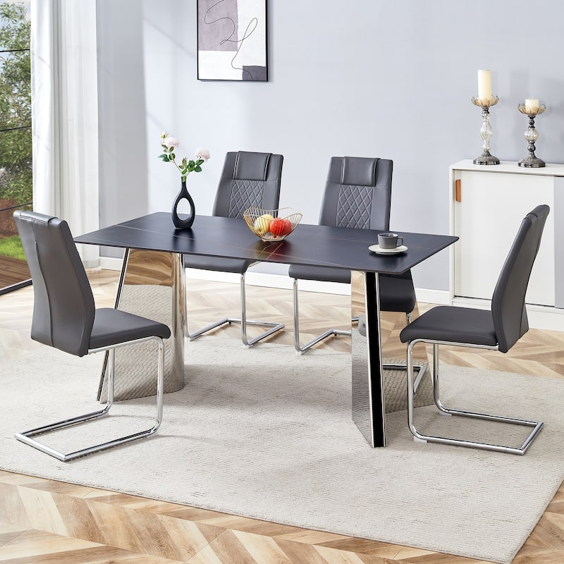Modern Dining Set with Stainless Steel Butterfly Legs & High Back PU Chairs - 5-Piece Sets - Dark Gray+Silver
