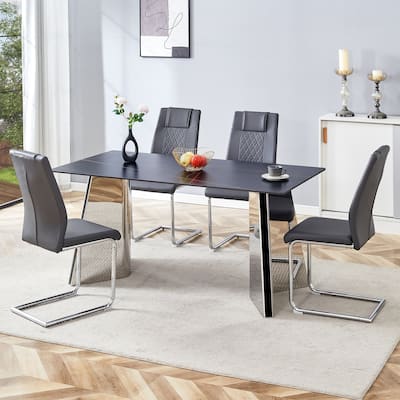 Roomfitters 5pcs Marble Pattern Dining Table Set with Stainless Butterfly Legs and PU Upholstered Chairs