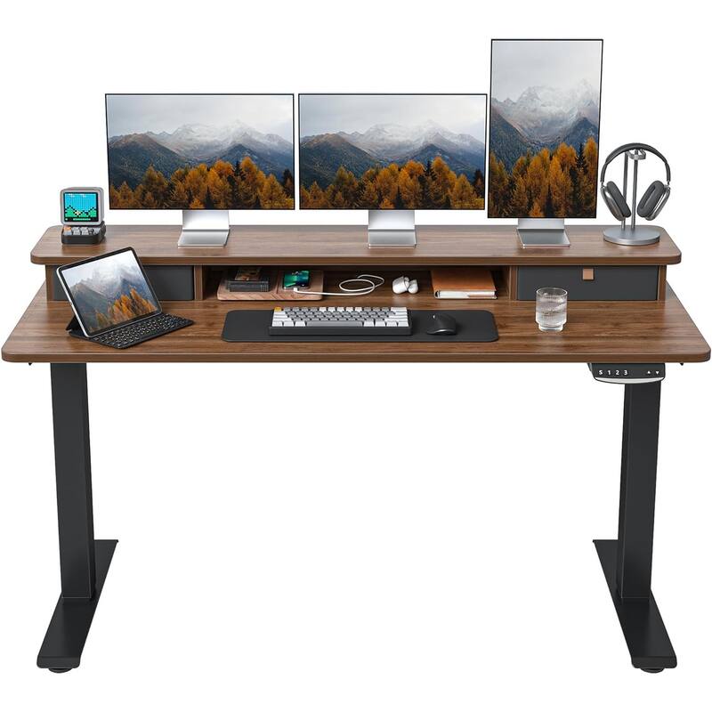 FEZIBO Height Adjustable Electric Standing Desk with Double Drawer, Stand Up Desk with Storage Shelf, Sit Stand Desk