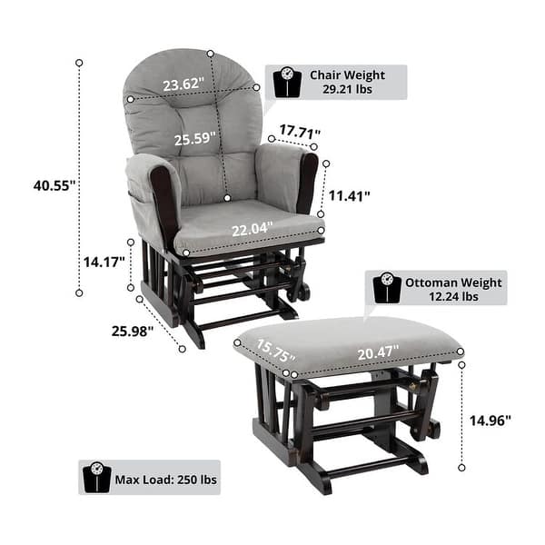 dimension image slide 3 of 4, Ultimate Nursery Comfort - Glider and Ottoman Set with Reclining Cushion Chair, Rocker Chair with Padded Back and Armrests