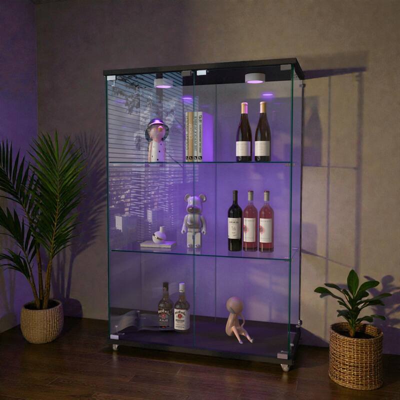 Modern Glass Display Cabinet with LED Lights, 2-Door Tempered Glass Bookshelf with 3 Shelves and Wheels for Living Room