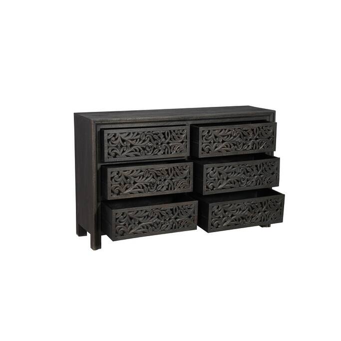 HomeRoots 57" Black Carved Scrollwork Solid Wood Six Drawer Dresser