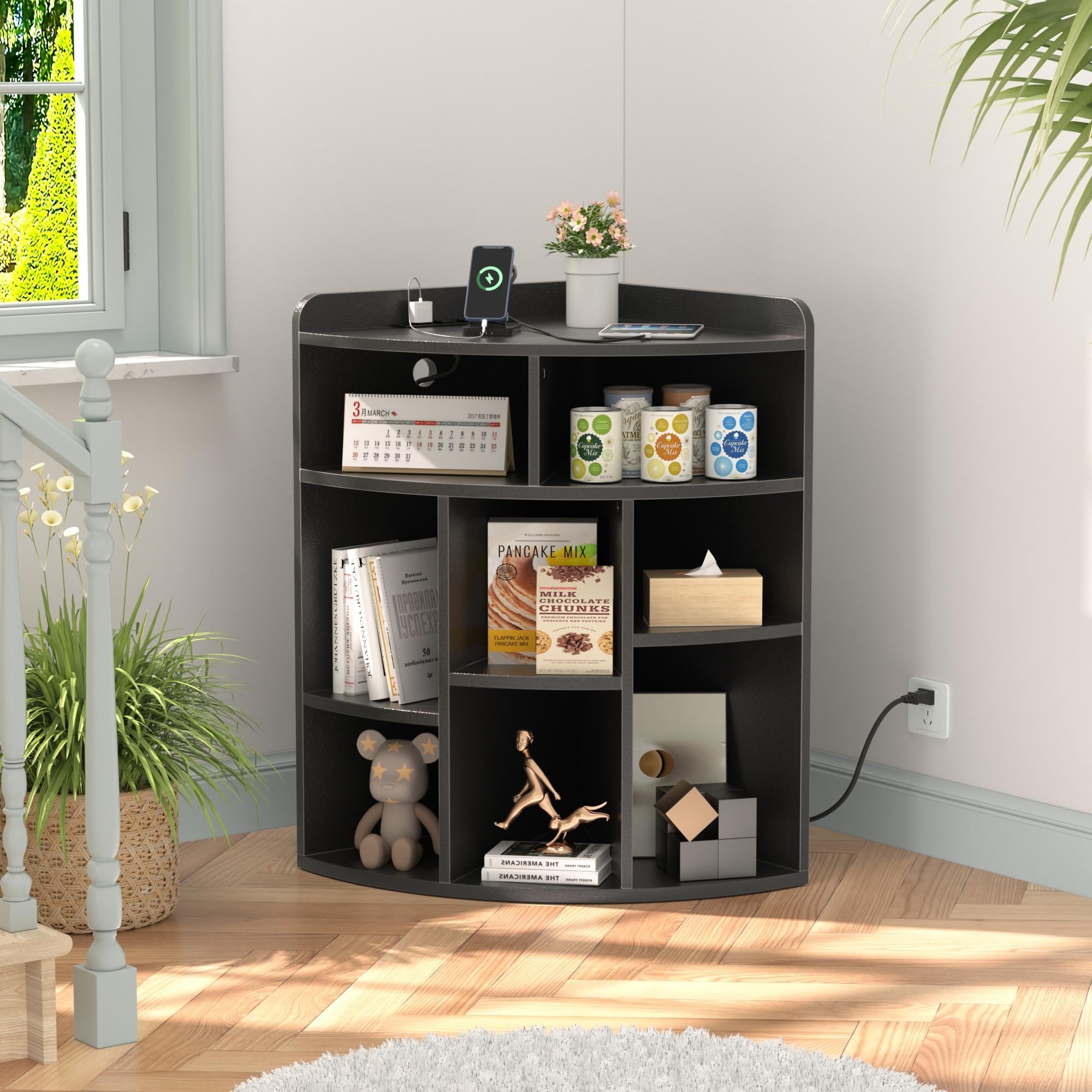VECELO 8-Cubby Corner Storage Cabinet with Charging Station Cable Management 3-Tier Open Shelf for Living Room Home Office