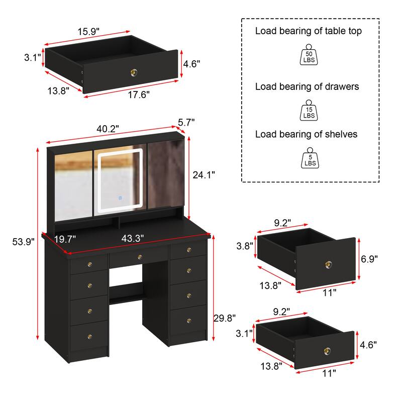 9-Drawer Vanity Set with Crystal Pulls and Versatile Mirror Lighting