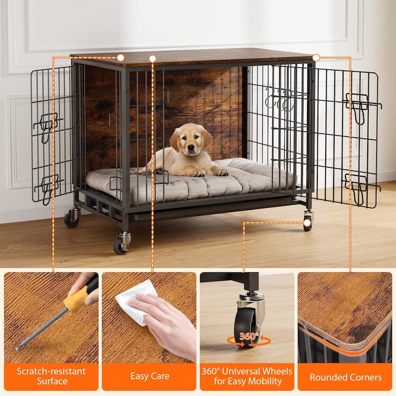 Dog Crate Furniture with Wheels, Indoor Kennel Table for Medium Dogs