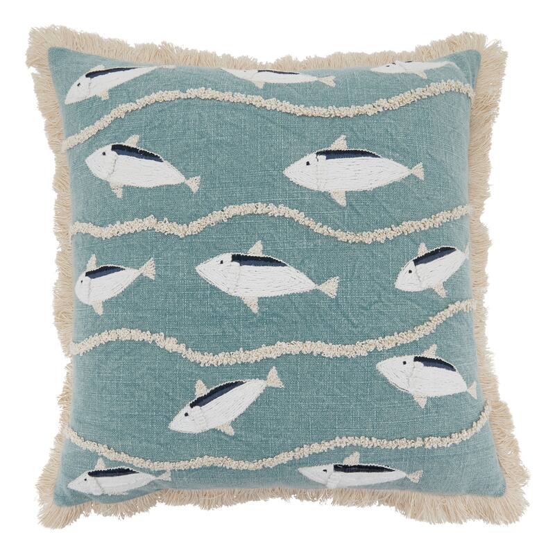Embroidered Fish Cotton Throw Pillow - Coastal Wave & Fish Stitch Design for Sofa, Bed & Accent Styling, 18"x18" - Blue-Grey - 18"x18" - Polyester