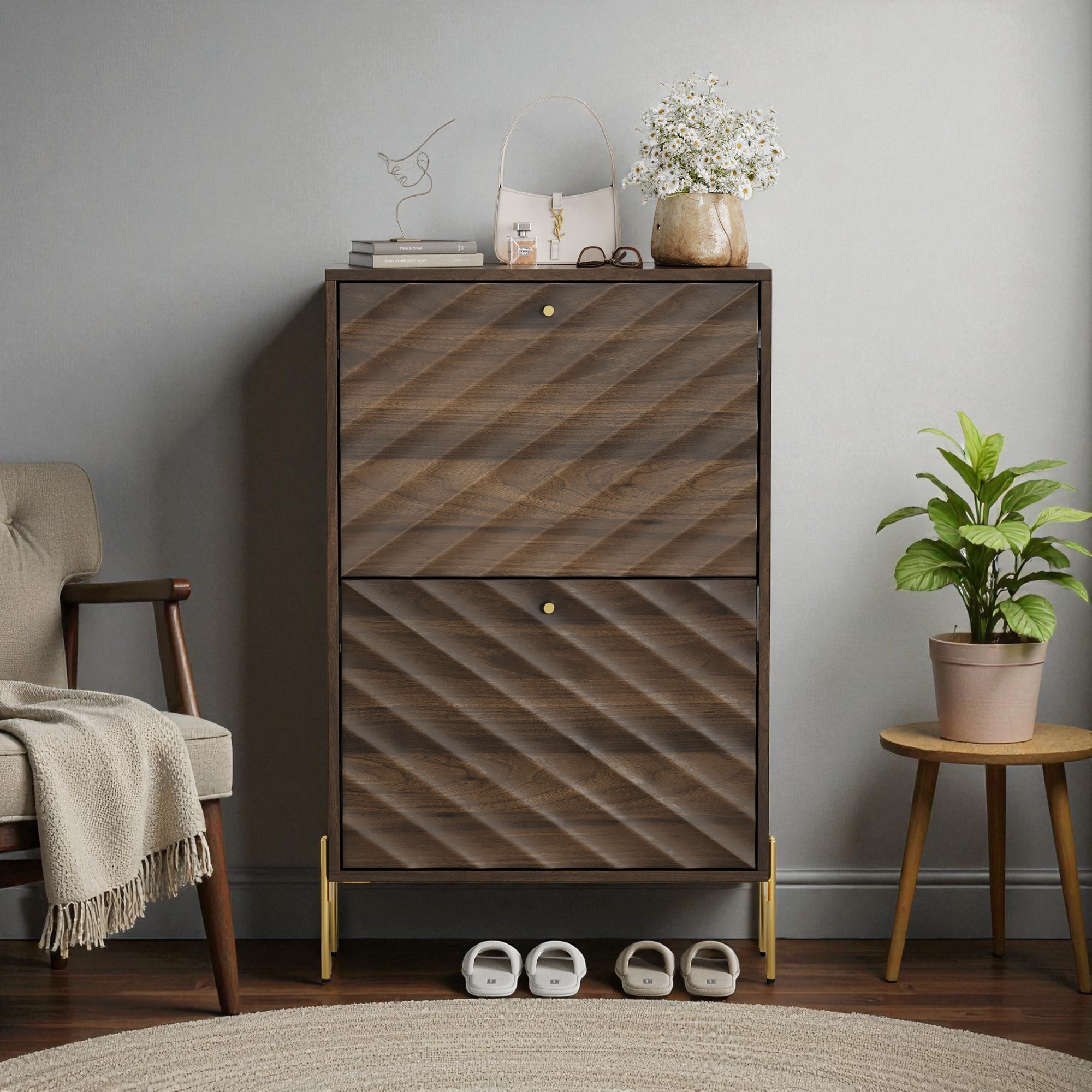 23.6" Shoe Cabinet with 2 Flip Drawers, Mid-Century Modern Freestanding Shoe Storage Organizer with Metal Legs