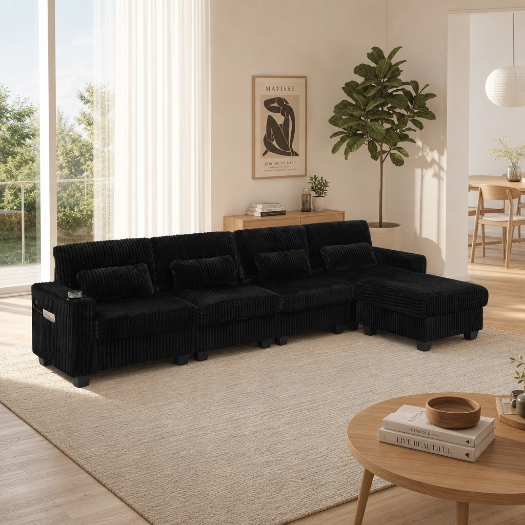 124.5" Corduroy Modular L-Shaped Sectional Sofa with Ottoman, Cup Holders & Storage Pockets