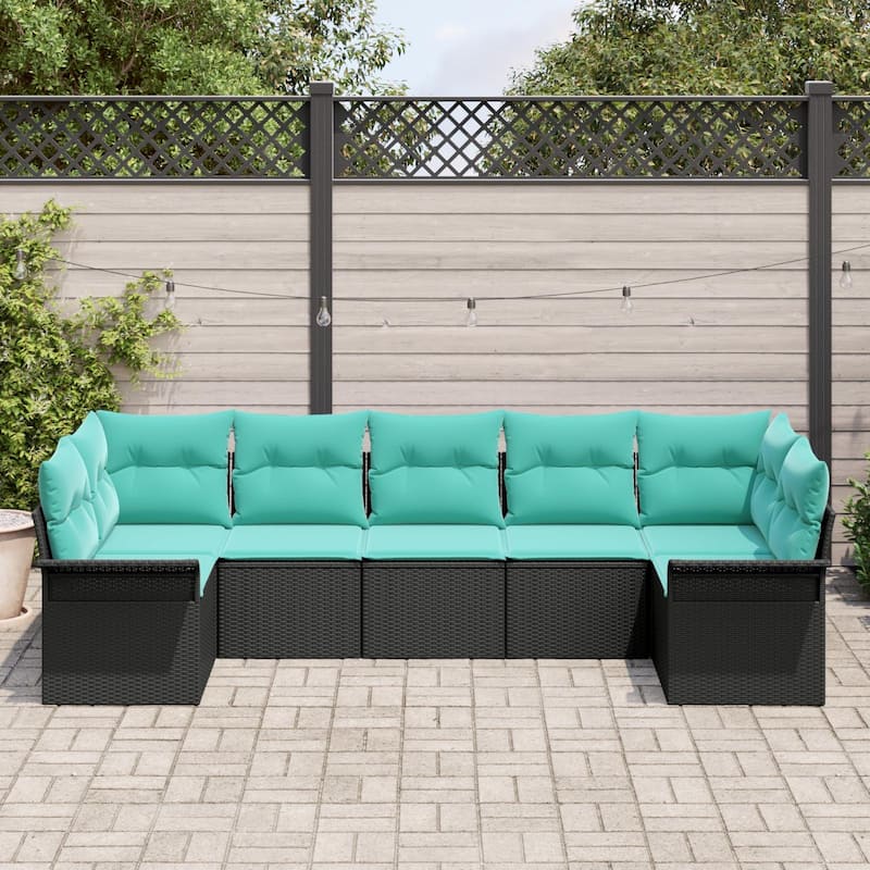 vidaXL 7 Garden Sofa Set with Cushions Black Poly Rattan - 92.1 x 52.2 x 27.2