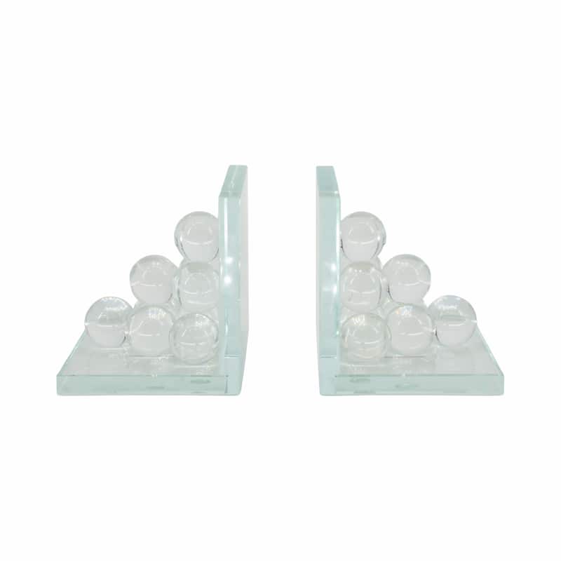 Sagebrook Home Modern Glass Crystal Bookends with Spherical Accents Glass Crystal - 5" x 5" x 6" - Clear/ Frost - 5" x 5" x 6"