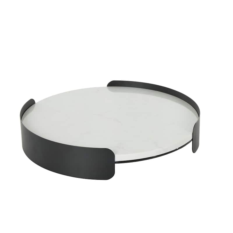 Marble Round Tray with Black Metal Frame - White - Roche River Decor