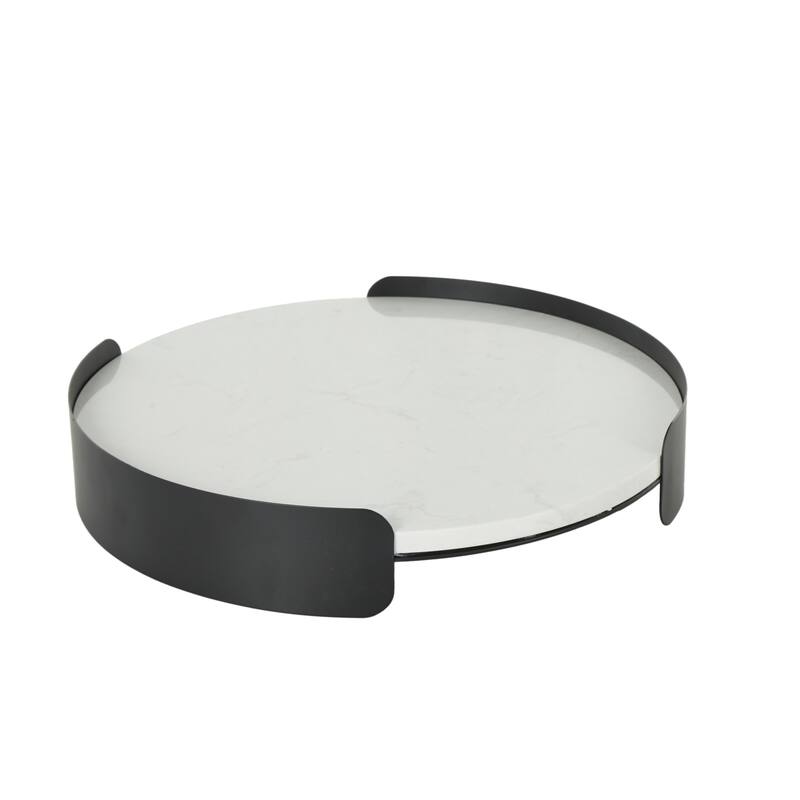 White Marble Round Living Room Decor Tray with Black Metal Frame