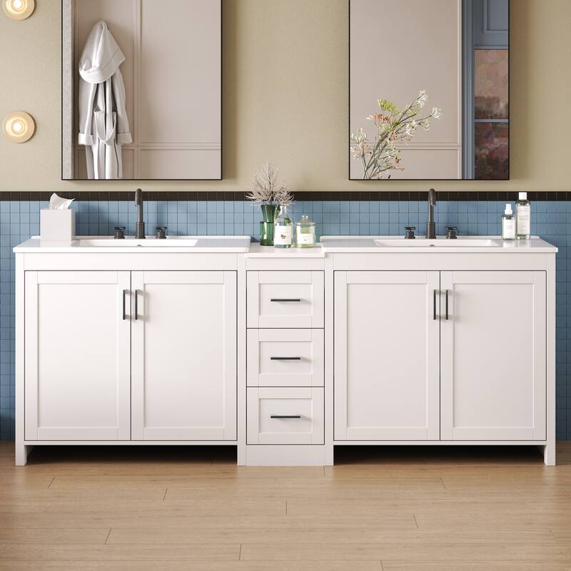 Roomfitters 84" Double-Sink Vanity, Aesthetic Modern Design with Quartz Top, Adjustable Shelves
