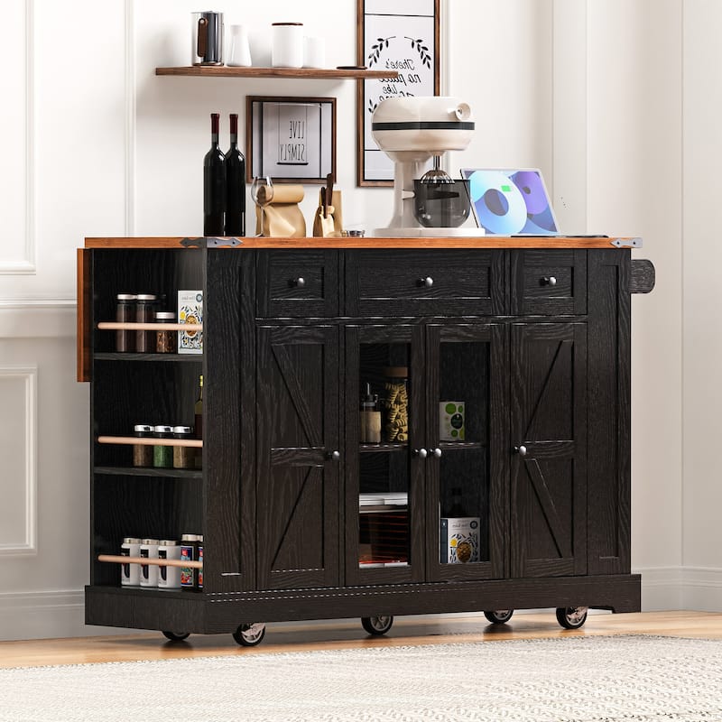 53'' Kitchen Island with Two Tempered Glass Cabinet Doors, Rolling Kitchen Cart on Wheels with Drop Leaf, Power Outlet
