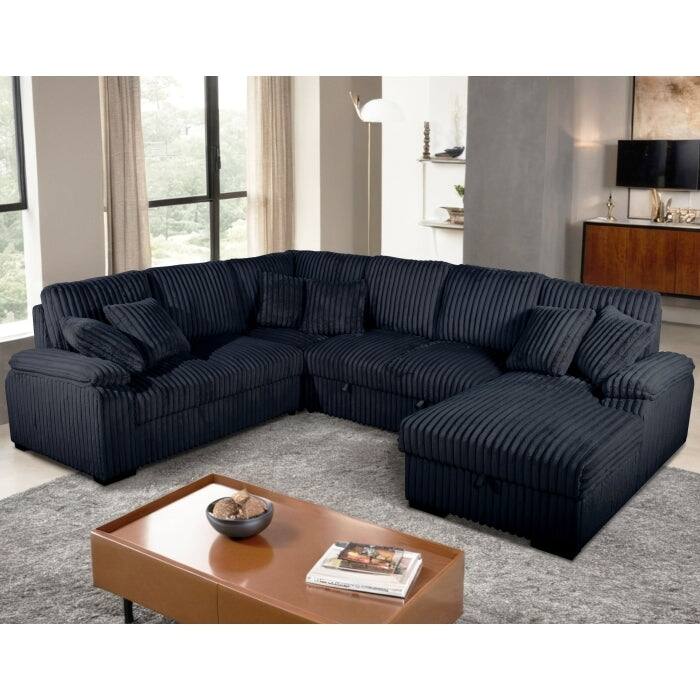 U-Shaped Sectional Sofa Bed with Storage Chaise and Pillows, Corduroy Fabric Convertible Right Facing Sofa - Black
