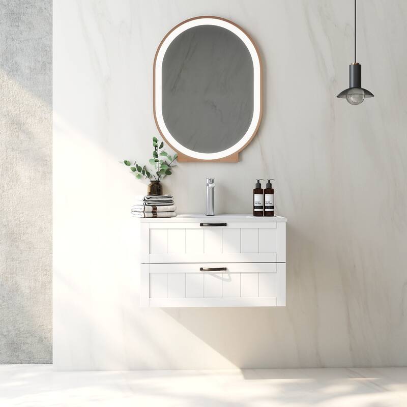 31.5" Bathroom Vanities Cabinet with Sink Combo, Wall Mounted Floating Cabinet With Decor Line, Soft-Close System