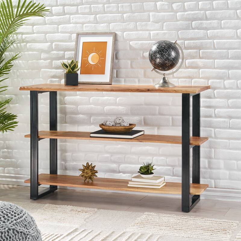 Roomfitters Industrial Console Table, Solid Wood Shelves with Metal Frame, Entryway or Living Room Storage - Natural