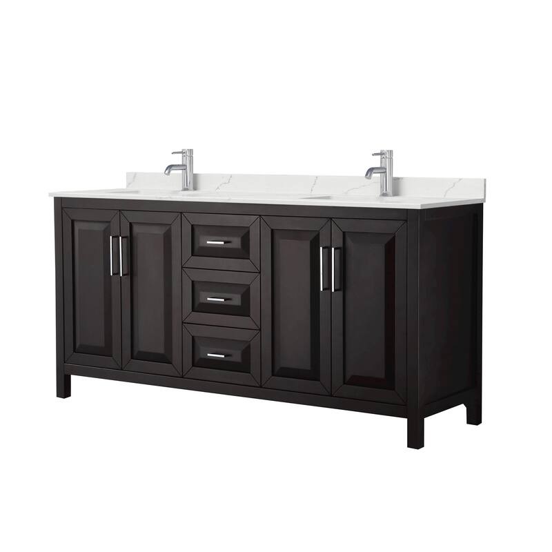 Daria 72-inch Double Vanity, Single Hole Quartz Top - Dark Espresso, Chrome Trim, Giotto Quartz Top