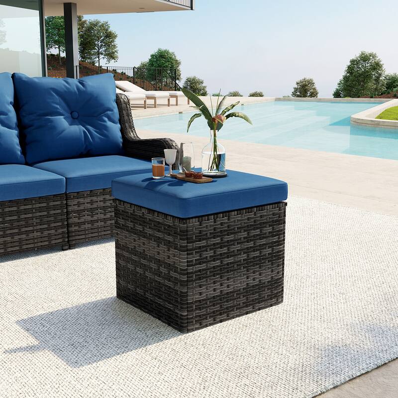 Outdoor 17.7" W Square Rattan Ottoman Patio Ottoman with Seat Cushion